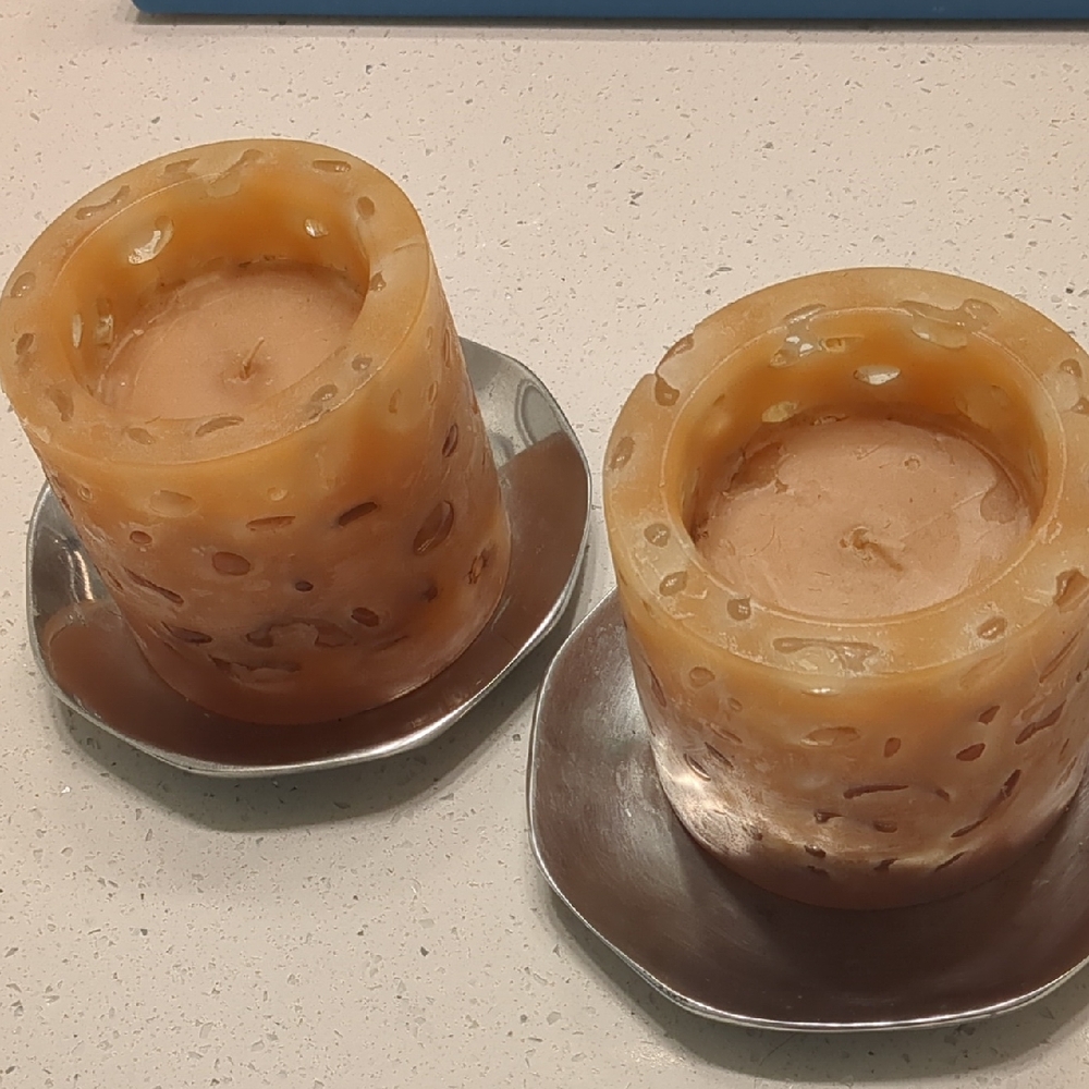 Set of 2 Carved Amber Honey Beeswax Tea Light Candles